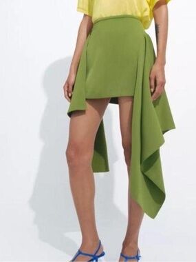 Zara Olive Green Asymmetrical Draped Mini Skirt